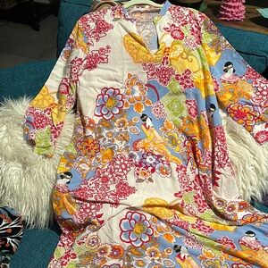 NATORI Japanese floral Geisha Garden Mandarin Caftan V-Neck Nightgown LARGE